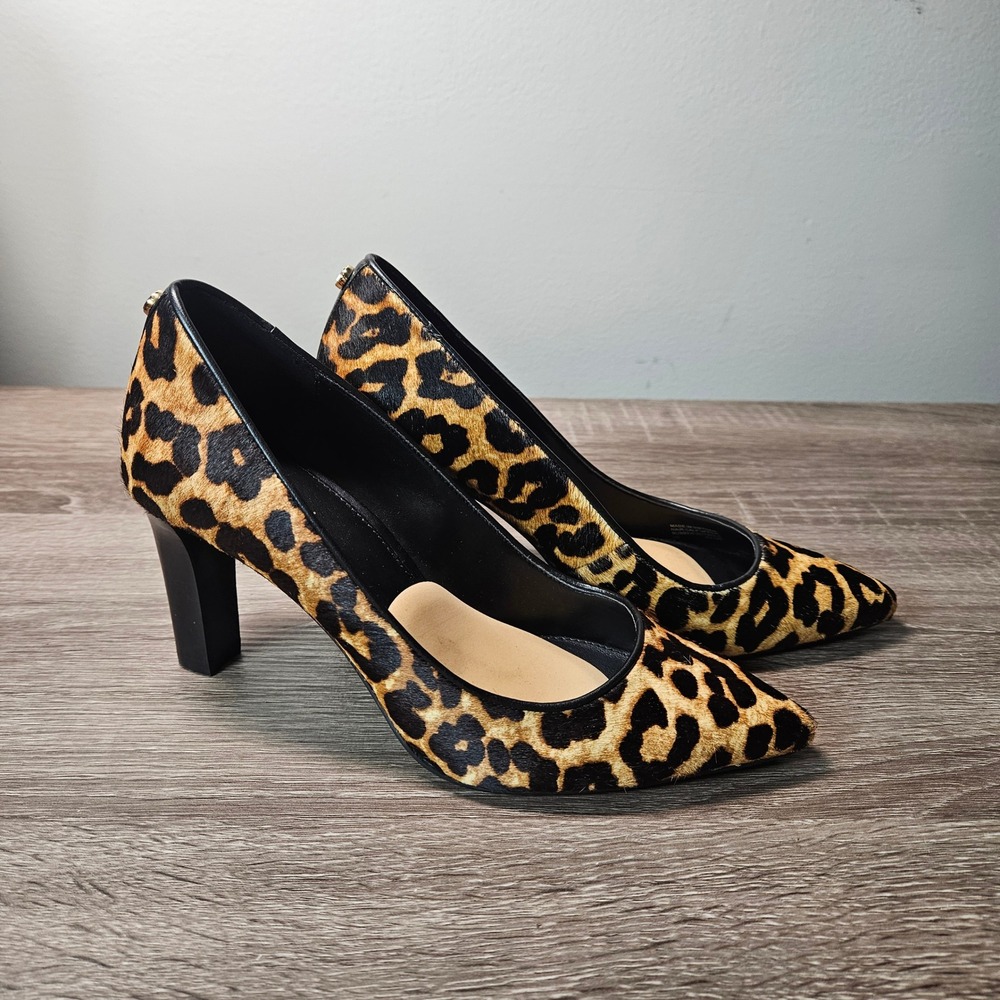 Michael Kors Leopard Hair Calf Pointed Toe Block Heel Pumps PV19E Womens 6M